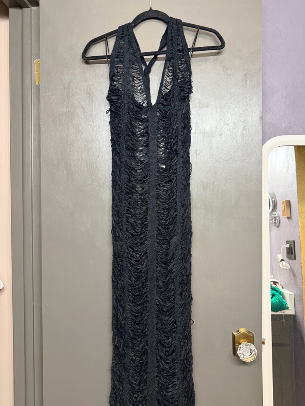 Black Crochet Fringe Halter Swim Cover-Up Maxi